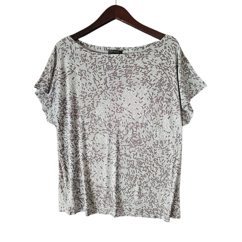 ST JOHN Women's Printed Taupe Boatneck Short Sleeve Rayon Blend Top Size L‎